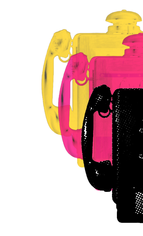 três telefones: um preto, um rosa e um amarelo